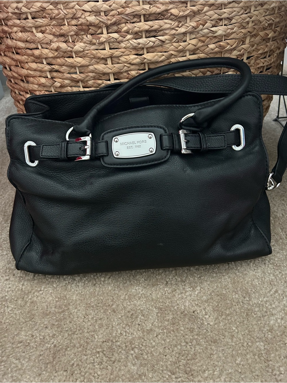 Michael Kors Black Leather Shoulder Tote with Silver Hardware